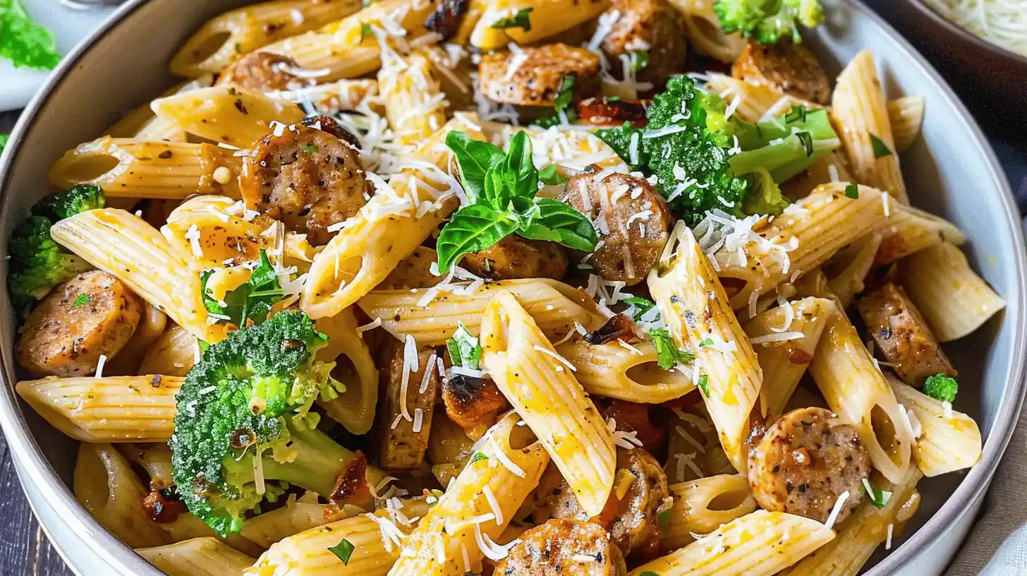 Plate of Chicken Sausage Pasta with broccoli and grated cheese.