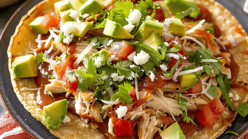 Chicken Tostadas topped with avocado, tomatoes, cheese, and cilantro on a corn tortilla.