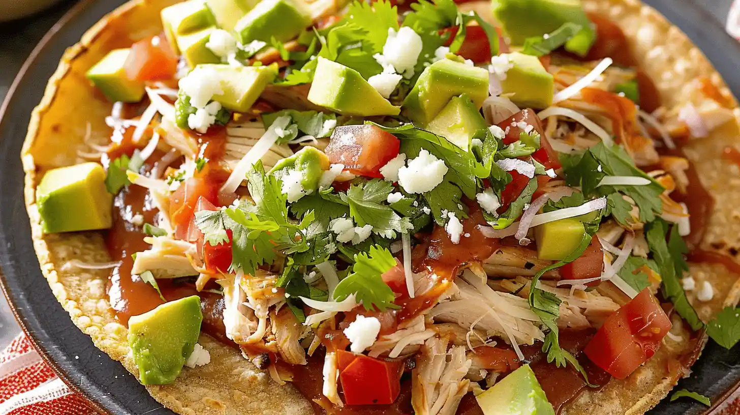 Chicken Tostadas topped with avocado, tomatoes, cheese, and cilantro on a corn tortilla.