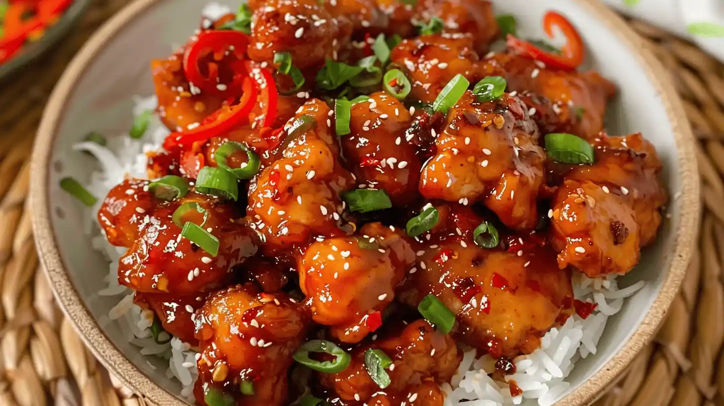 Chili Chicken Recipe with chicken pieces in spicy sauce, garnished with sesame seeds and green onions over rice.