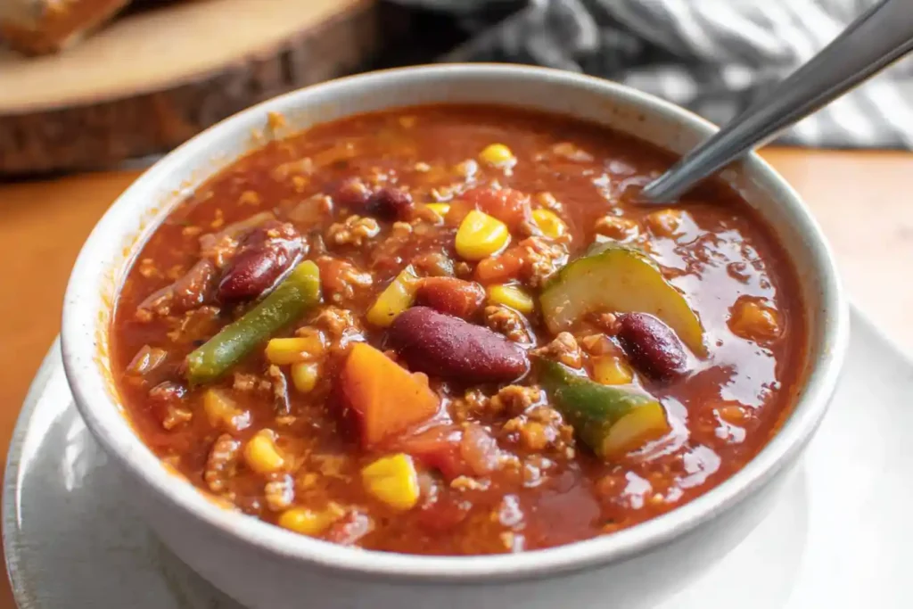 A steaming bowl of hearty chili soup, garnished with shredded cheese and fresh green onions, sits on a rustic wooden table.
