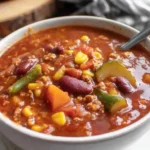 A steaming bowl of hearty chili soup, garnished with shredded cheese and fresh green onions, sits on a rustic wooden table.