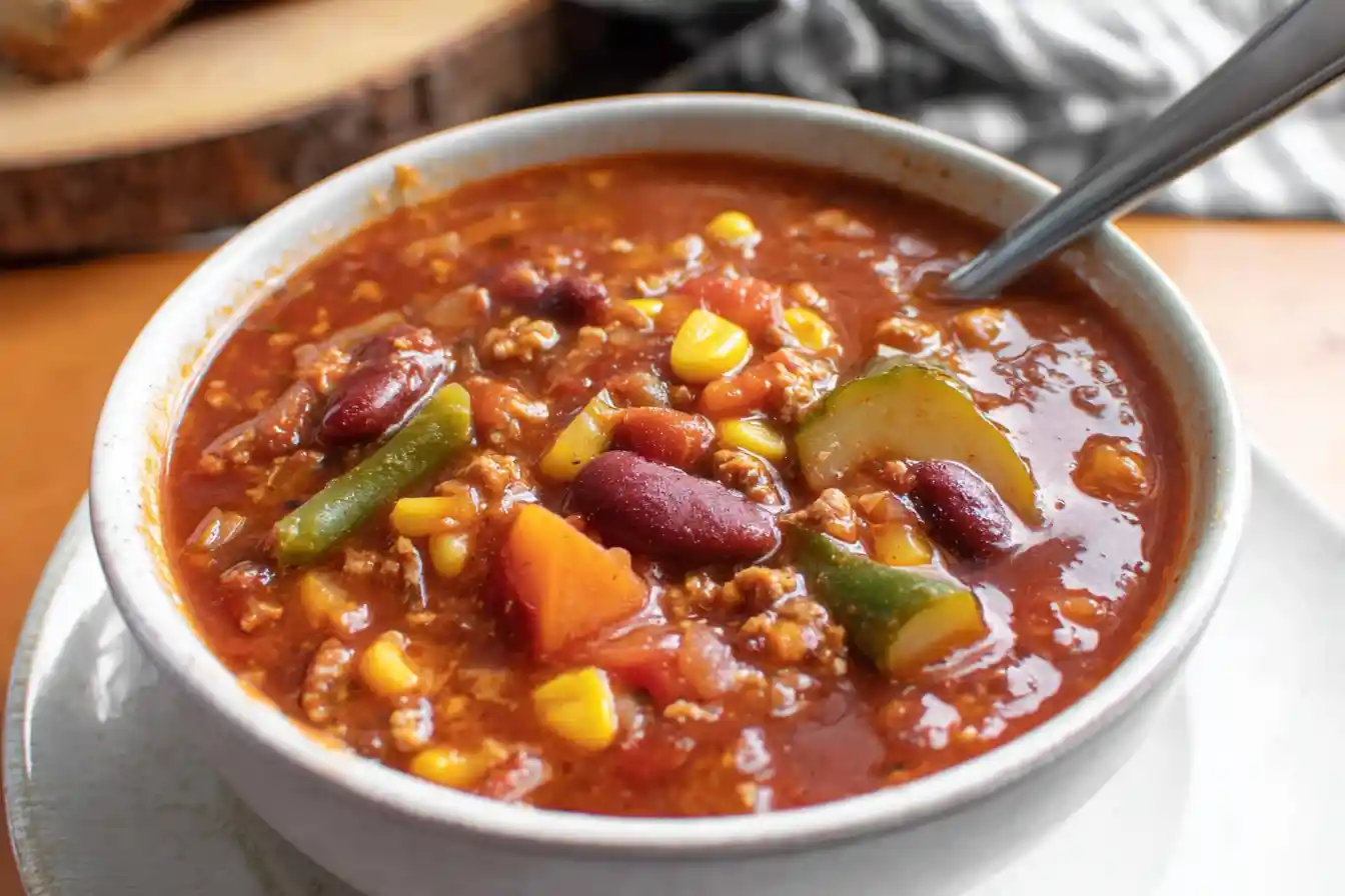 A steaming bowl of hearty chili soup, garnished with shredded cheese and fresh green onions, sits on a rustic wooden table.