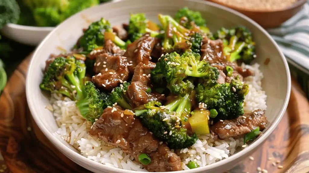 Chinese Beef and Broccoli with rice, garnished with sesame seeds.