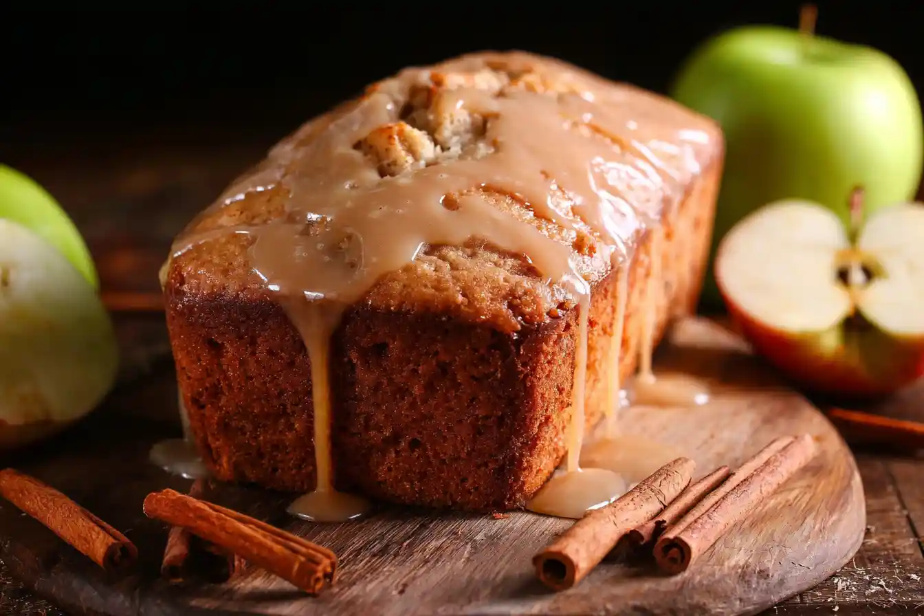 A perfectly sliced loaf of Cinnamon Apple Quick Bread with Apple Cider Glaze rests on a wooden board, showcasing its tender, fruit-speckled interior.