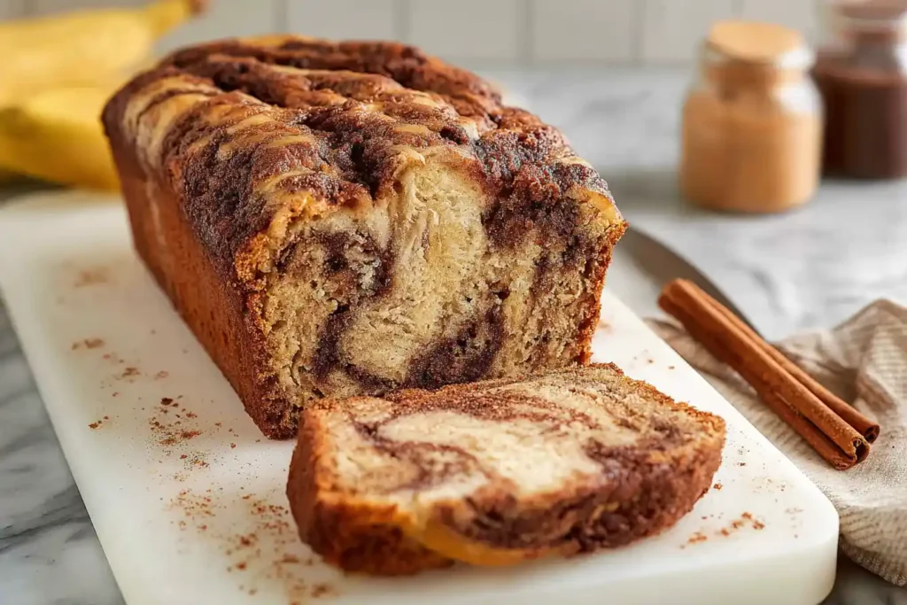 A perfectly baked loaf of Cinnamon Swirl Banana Bread is displayed on a rustic wooden surface, showing its delicious streusel topping and moist interior.