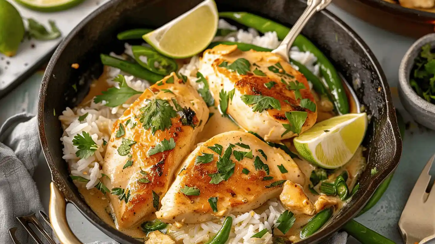 Coconut chicken with creamy sauce, fresh herbs, and rice served in a skillet with lime wedges.