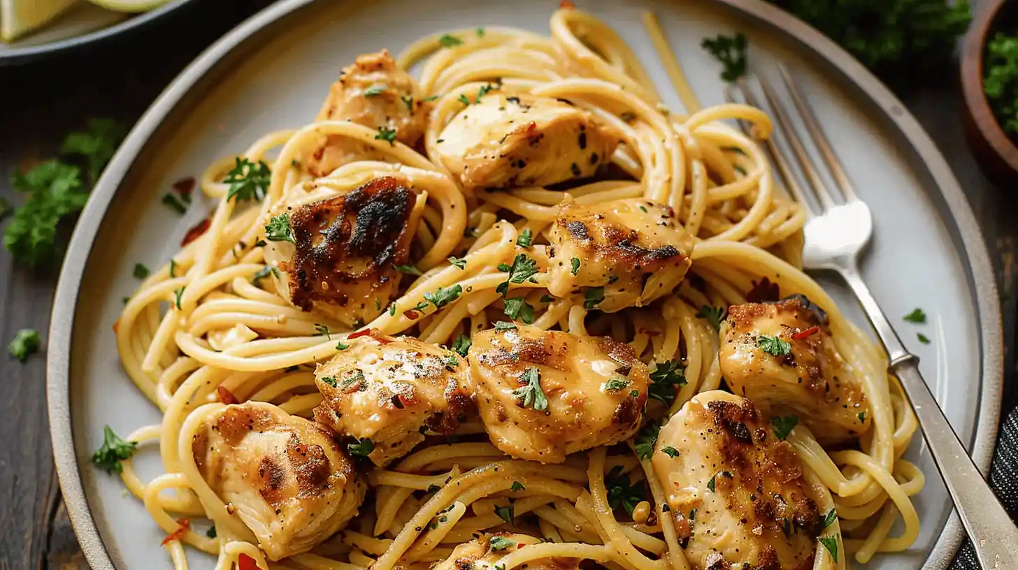 Cowboy butter chicken linguine with grilled chicken and pasta.