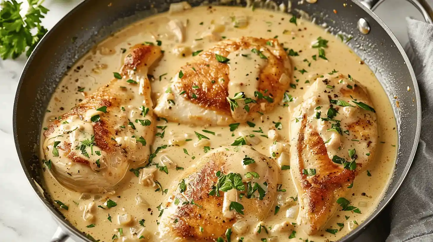 Creamy garlic chicken in a skillet with a rich cream sauce and garnished with parsley.
