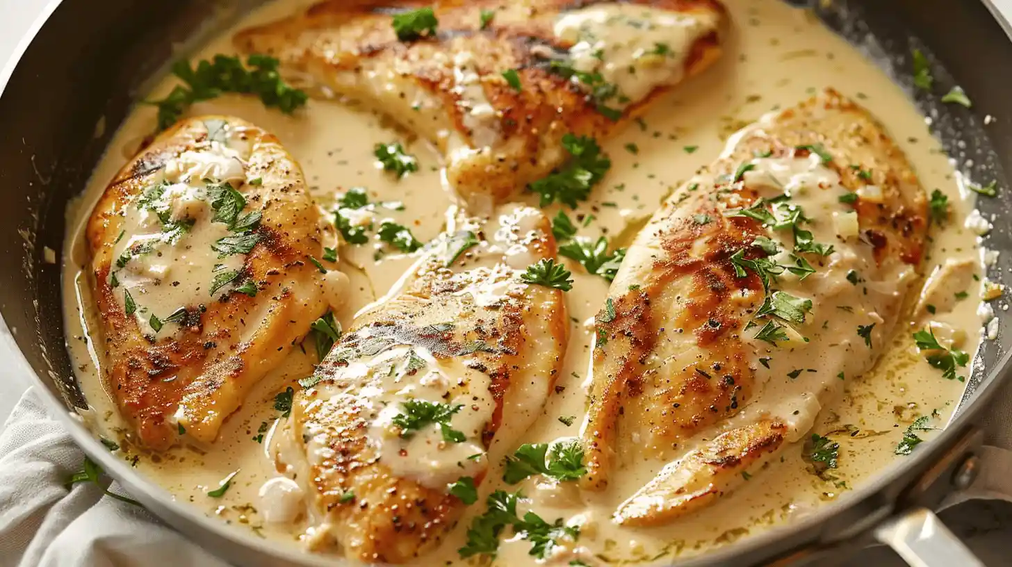 Creamy Garlic Chicken with seared chicken breasts in garlic cream sauce, garnished with parsley.
