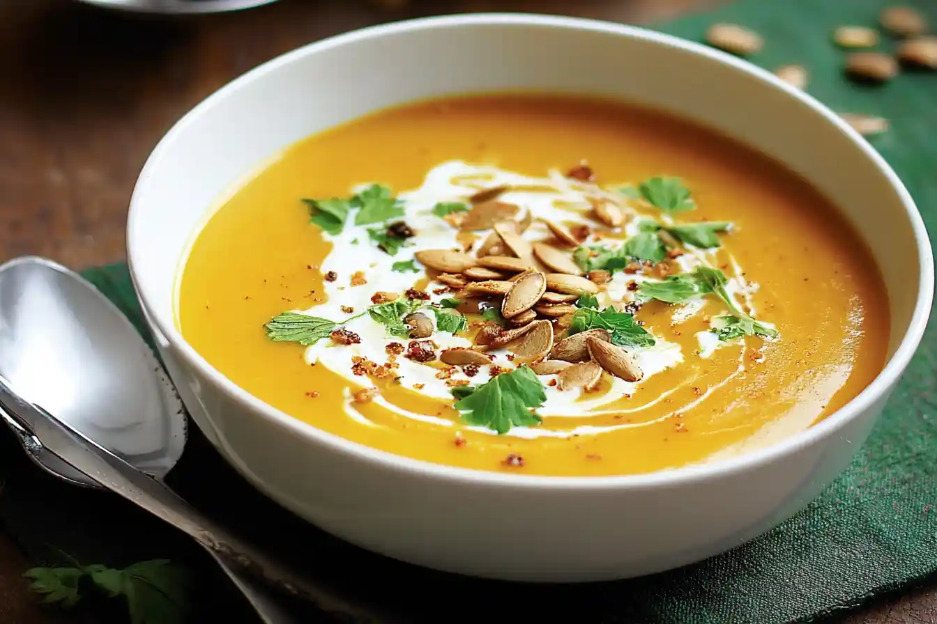 A close-up shot of a steaming bowl of creamy pumpkin soup, garnished with a dollop of cream and fresh sage leaves.