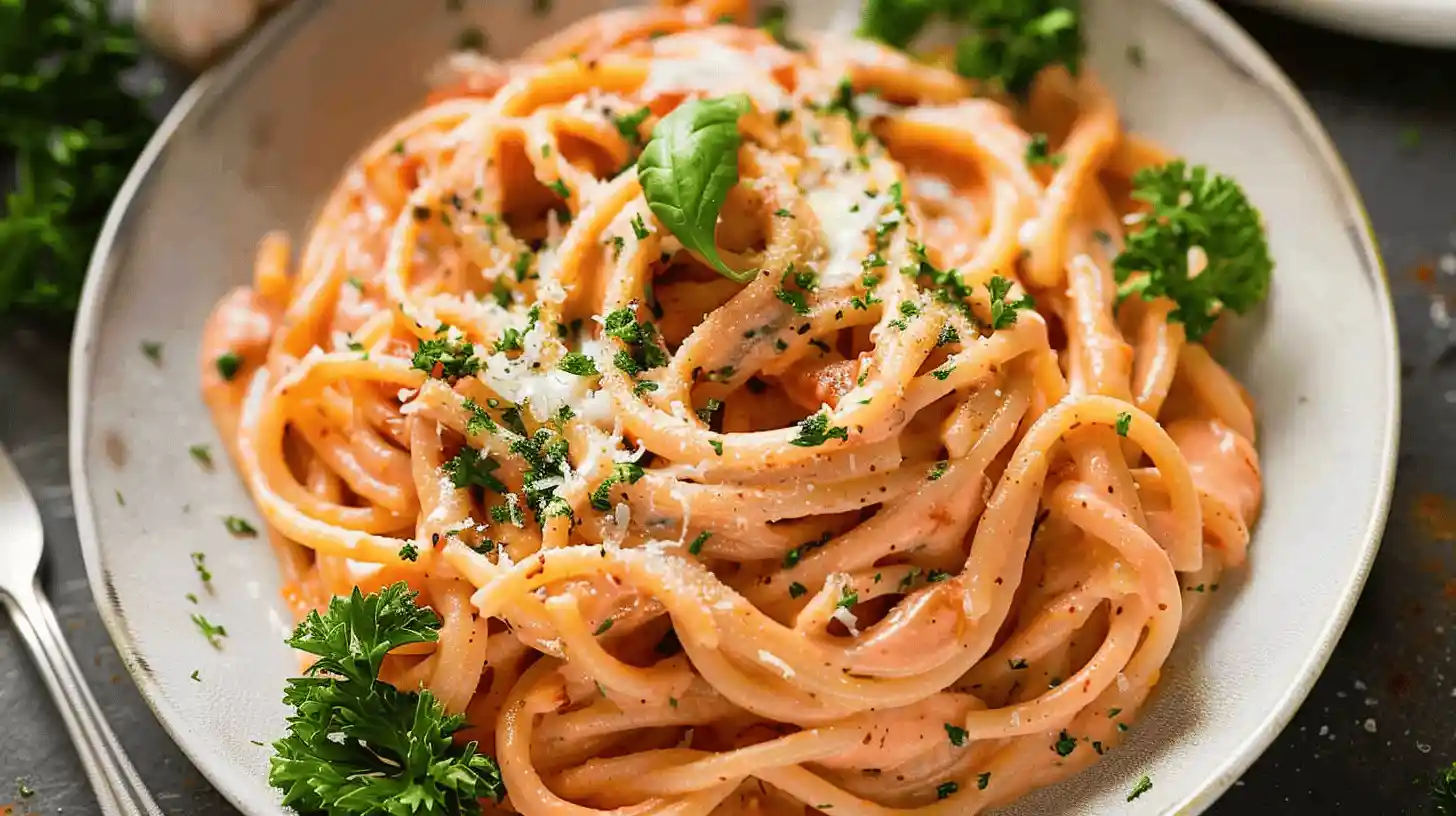 A close-up image of creamy tomato pasta topped with herbs and cheese.
