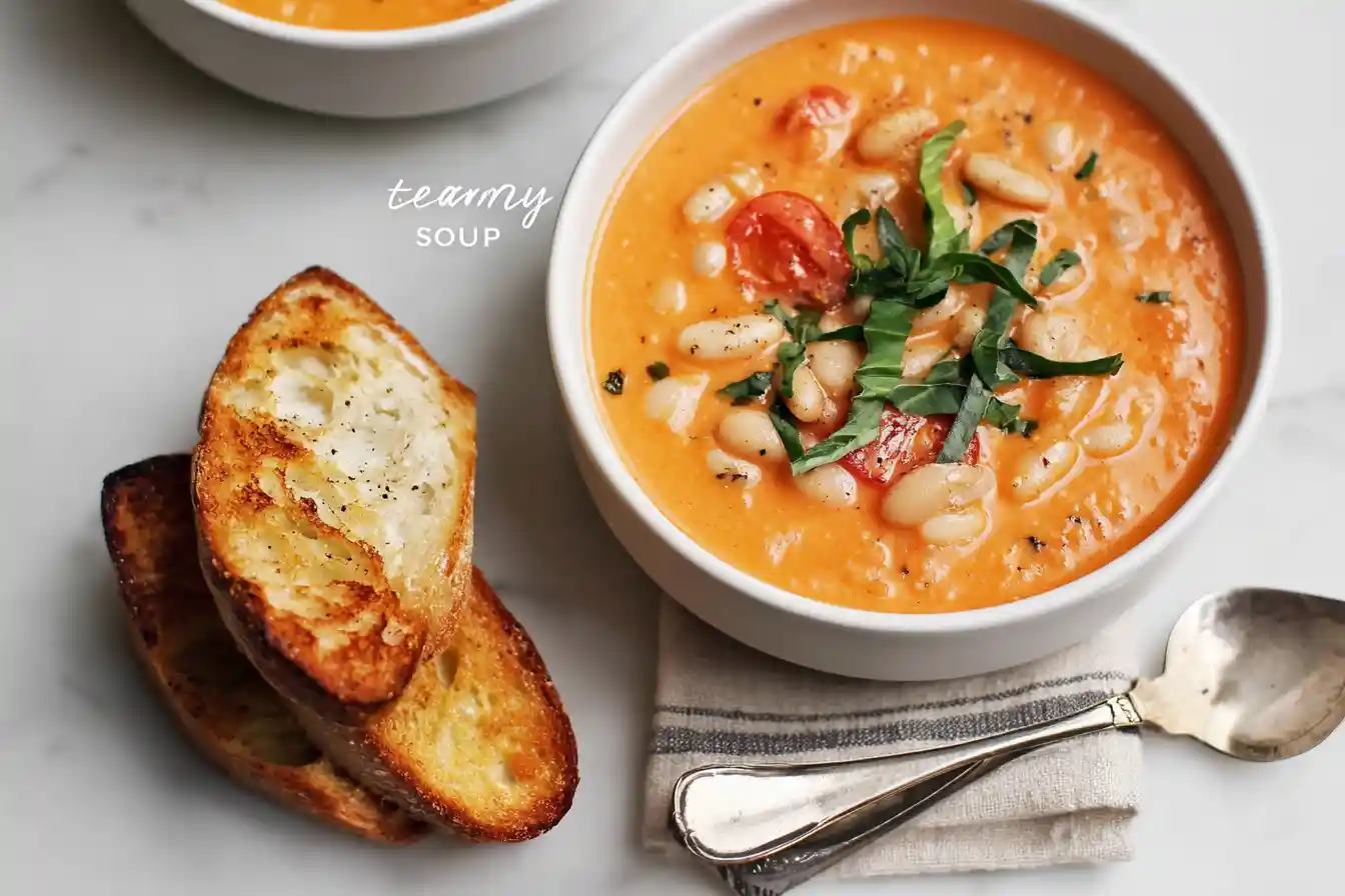 A rustic bowl of Creamy White Bean Tomato Soup, garnished with fresh basil leaves and a swirl of cream, sits on a wooden surface.