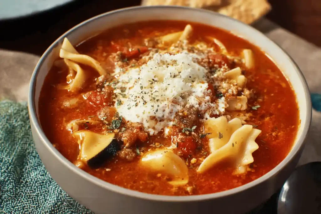 Crockpot lasagna soup in a bowl with pasta, tomato broth, ground meat, and cheese topping.