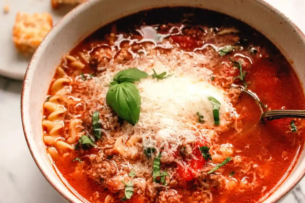 A close-up shot of a steaming bowl of Easy Lasagna Soup Recipe, garnished with fresh basil and melted ricotta cheese.