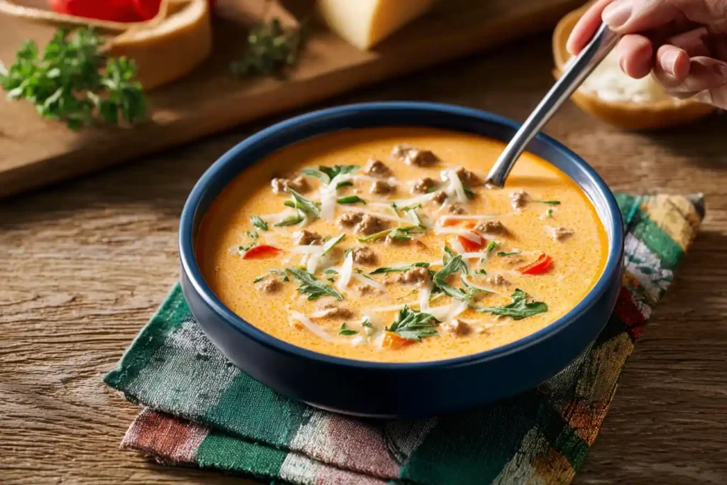 A steaming bowl of creamy butternut squash soup, garnished with fresh herbs, sits on a rustic wooden table, representing delicious Fall soup recipes.