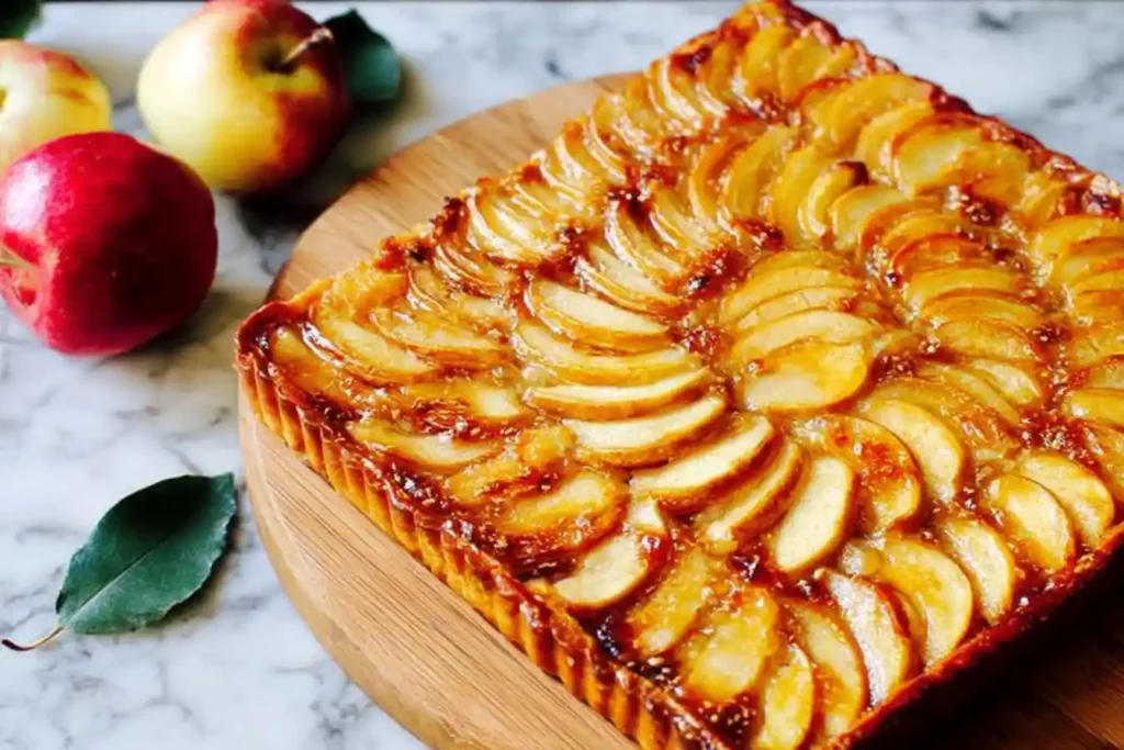 A perfectly baked French Apple Tart with thinly sliced apples arranged in a spiral on a golden, flaky crust, resting on a white plate.