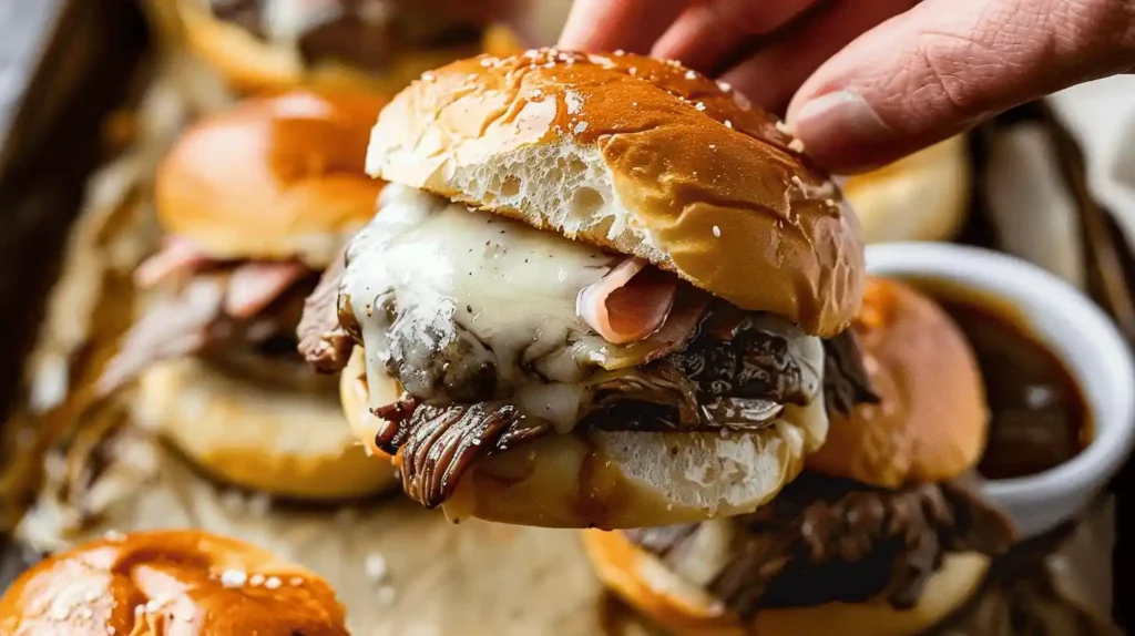 Close-up of a French dip slider with beef and melted cheese, being held above a tray.
