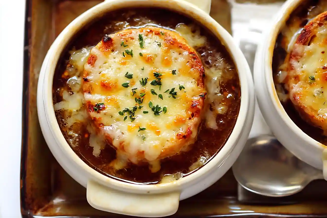 A golden-brown, bubbling bowl of French Onion Soup topped with melted Gruyère cheese and a toasted crouton, ready to be served.