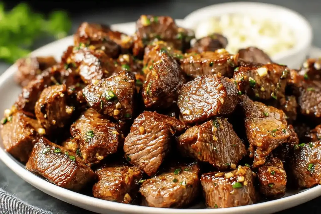 Plate of garlic butter steak bites garnished with herbs.