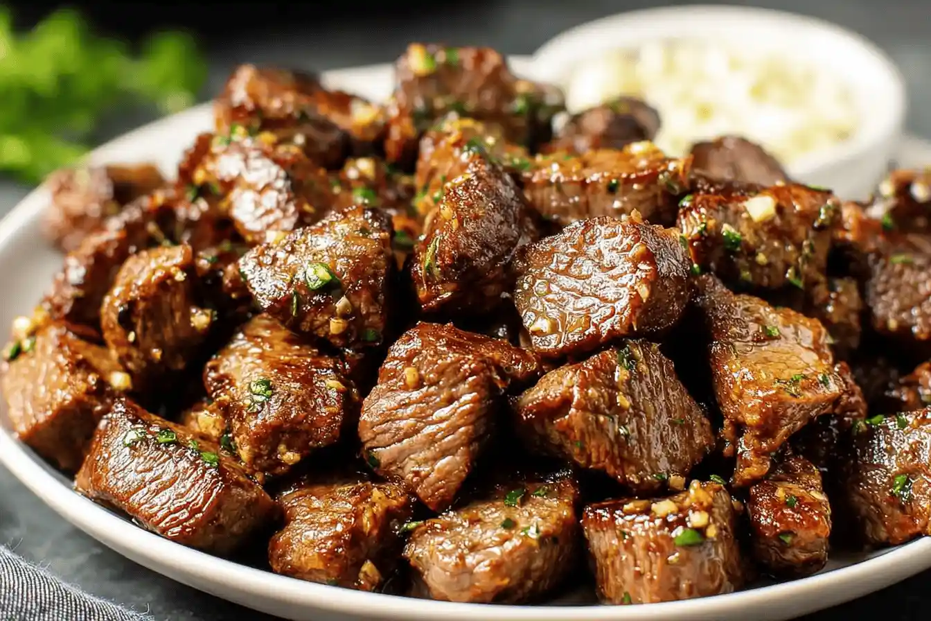 Plate of garlic butter steak bites garnished with herbs.