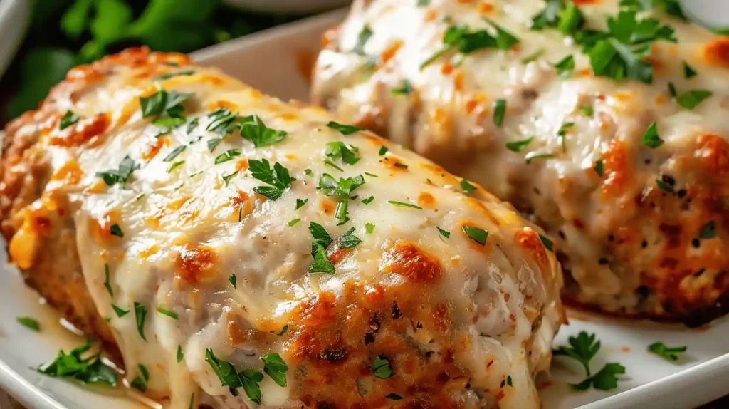 Garlic Parmesan Chicken Meatloaf topped with cheese and herbs on a platter.
