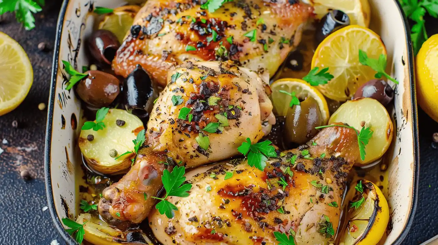Roasted Greek chicken with herbs, lemon slices, and olives in a baking dish.