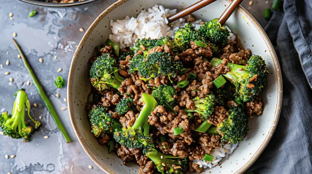 A bowl of seasoned ground beef and broccoli served over rice.