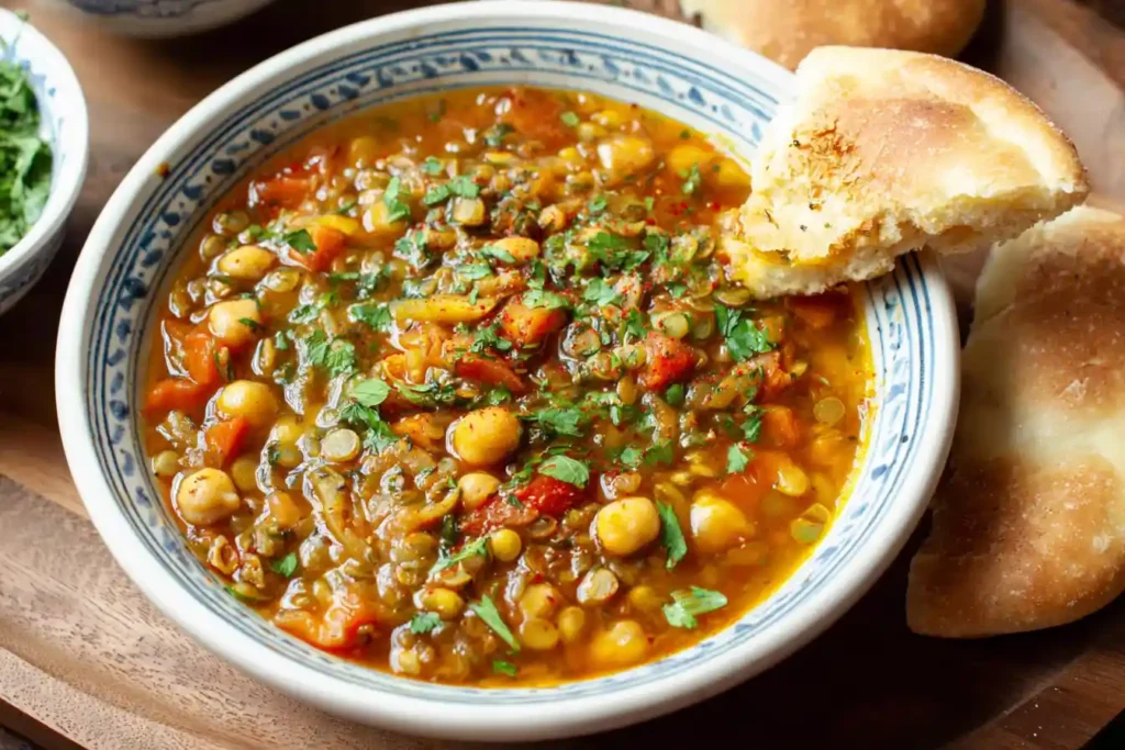A steaming bowl of traditional Harira Soup, rich with lentils, chickpeas, and herbs, served with a lemon wedge.