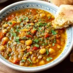 A steaming bowl of traditional Harira Soup, rich with lentils, chickpeas, and herbs, served with a lemon wedge.