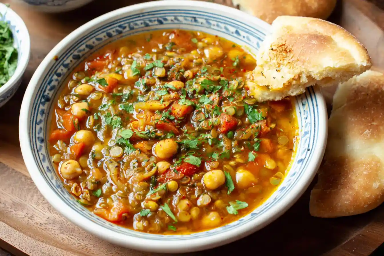 A steaming bowl of traditional Harira Soup, rich with lentils, chickpeas, and herbs, served with a lemon wedge.