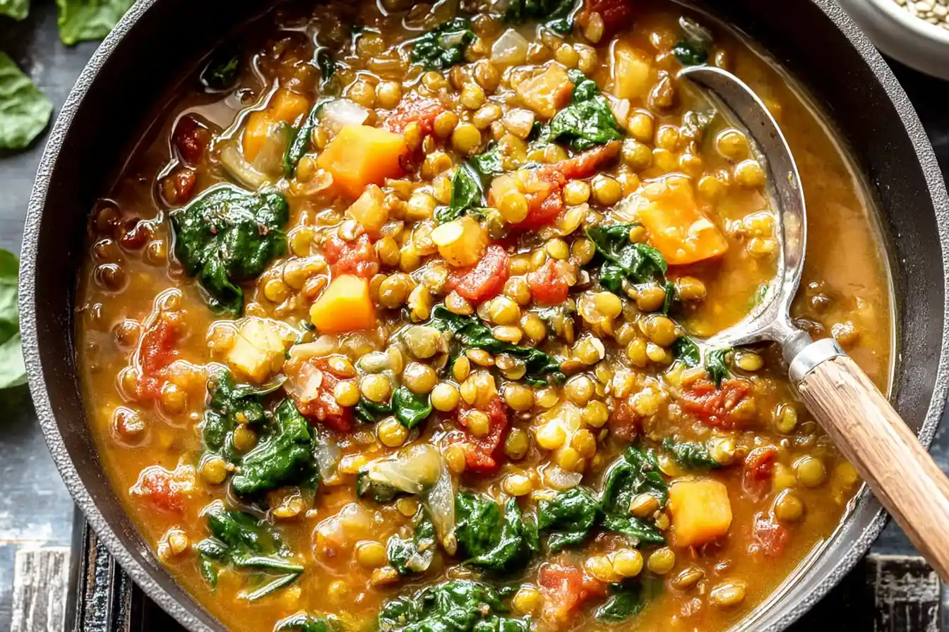 A steaming bowl of vibrant orange Healthy lentil soup garnished with fresh herbs, served on a rustic wooden table.