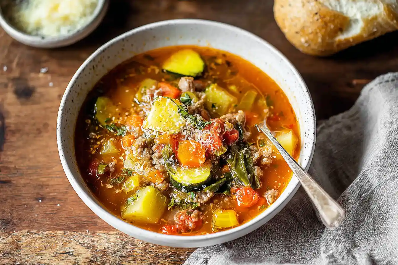 A steaming bowl of hearty vegetable soup, brimming with colorful vegetables and garnished with fresh herbs.