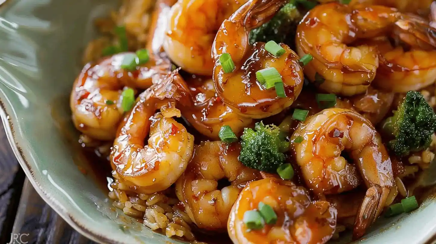 Plate of honey garlic shrimp with green onions and broccoli.