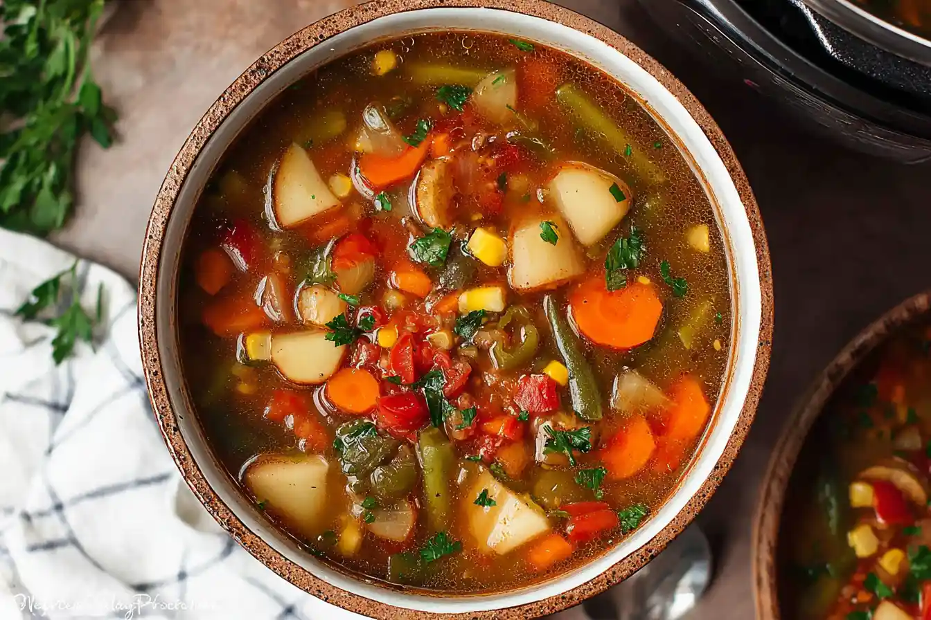 A steaming bowl of vibrant Instant pot soup, garnished with fresh herbs, sits on a rustic wooden table with a spoon resting in it.