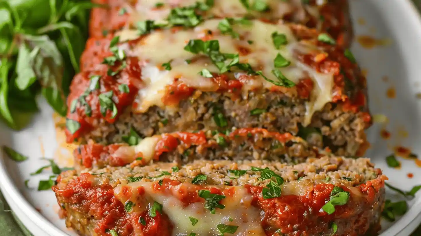 Italian meatloaf topped with marinara sauce and fresh herbs on a white platter.