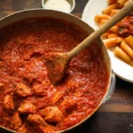 A large pot of rich, red Italian Sunday Sauce, bubbling gently on a stovetop with a ladle resting in it, ready to serve.