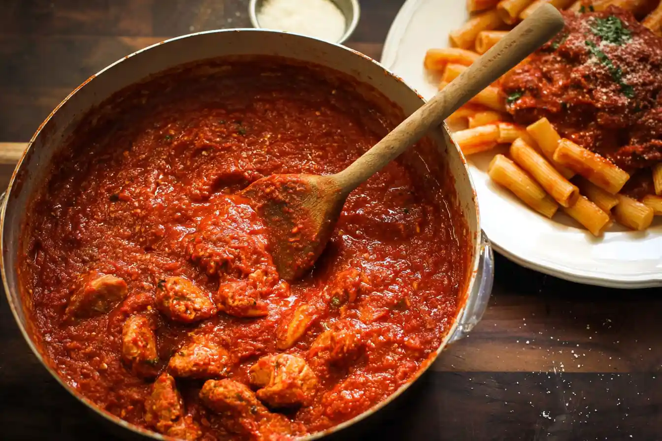 A large pot of rich, red Italian Sunday Sauce, bubbling gently on a stovetop with a ladle resting in it, ready to serve.