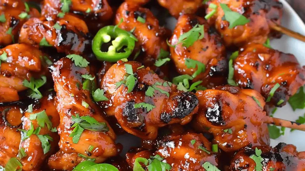 Grilled jalapeno chicken garnished with cilantro and jalapeno slices.