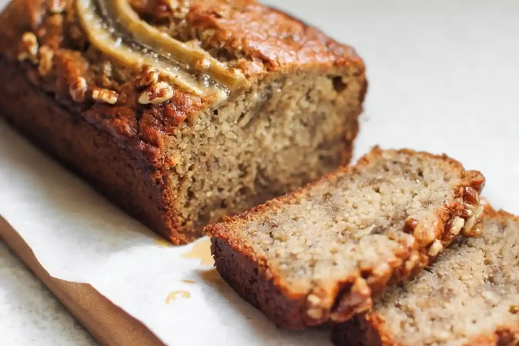 A moist, golden-brown loaf of Maple Banana Bread is sliced on a wooden cutting board, ready to be served.