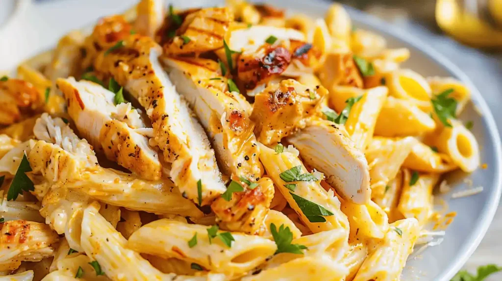 Marry me chicken pasta with grilled chicken and creamy sauce.