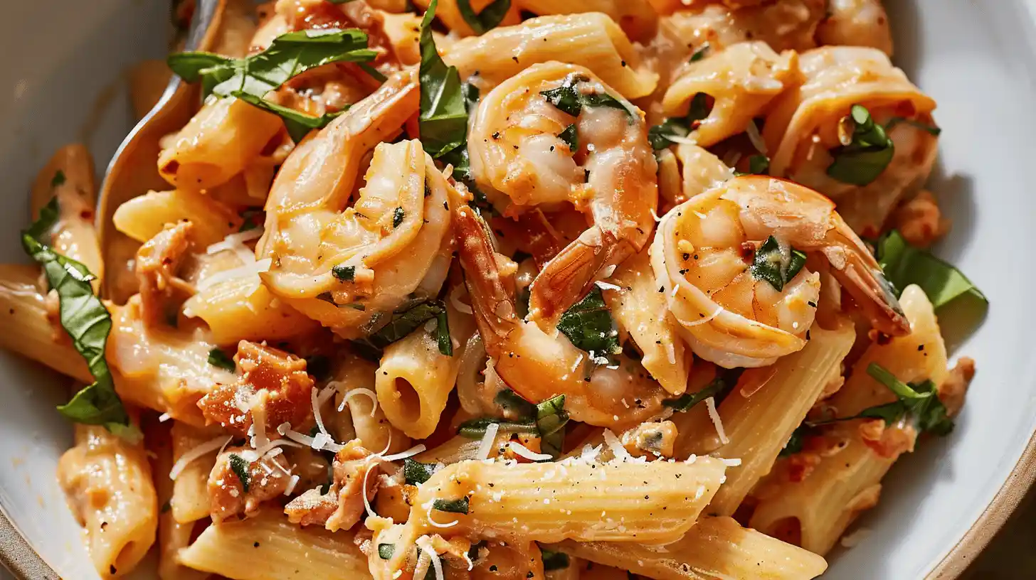 Close-up of Marry Me Shrimp Pasta, featuring shrimp, pasta, and garnished with herbs and cheese.