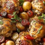 Mediterranean chicken with cherry tomatoes, potatoes, and herbs in a tray.