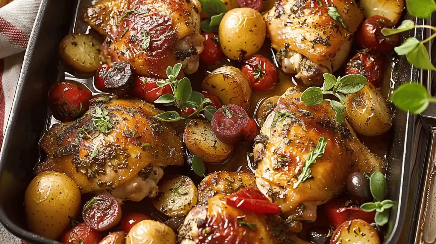 Mediterranean chicken with cherry tomatoes, potatoes, and herbs in a tray.