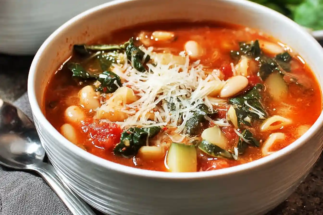 A steaming bowl of colorful minestrone soup, rich with vegetables and pasta, is presented on a wooden surface.