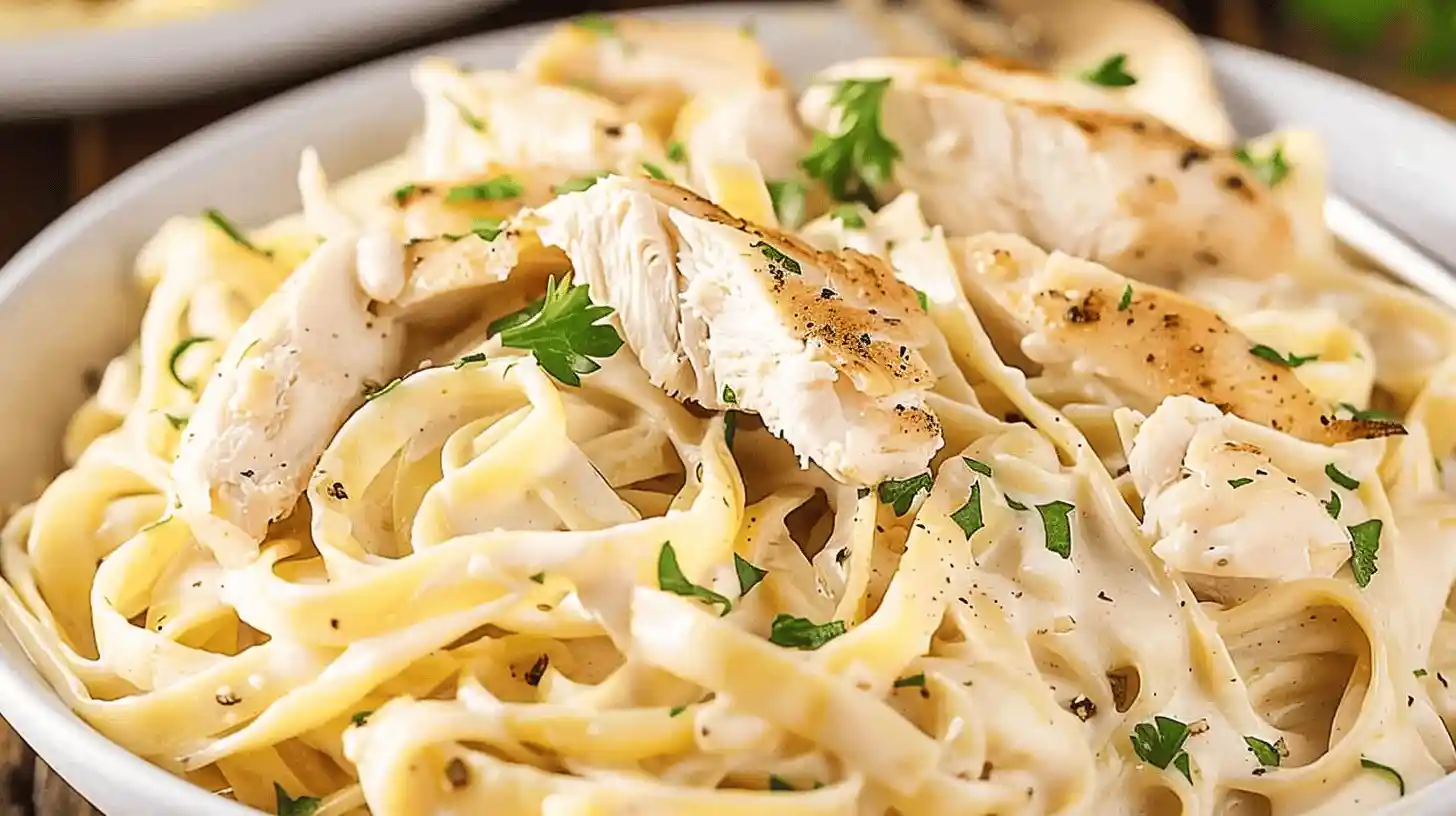 Olive Garden Chicken Alfredo with fettuccine pasta, creamy sauce, and grilled chicken slices.