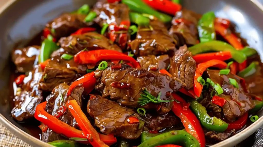 Pepper Steak with beef strips and colorful bell peppers in a pan.