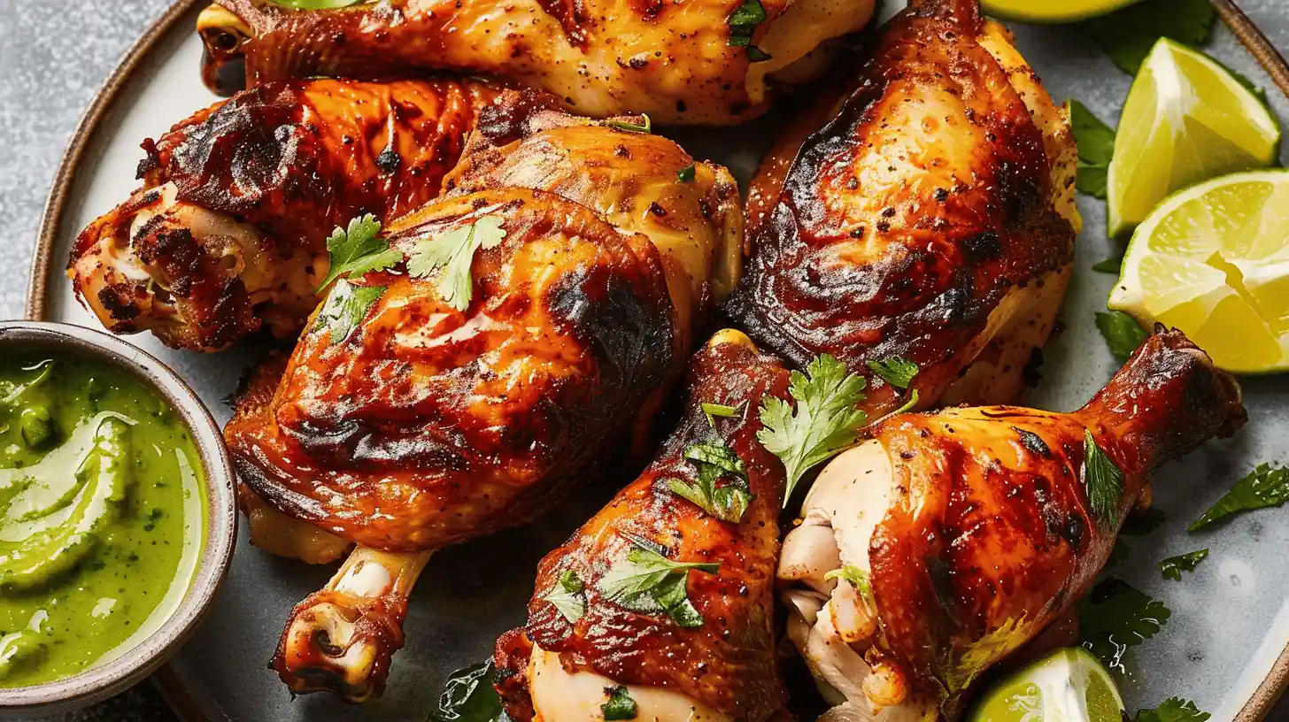 Succulent Peruvian chicken legs with herbs and green sauce.