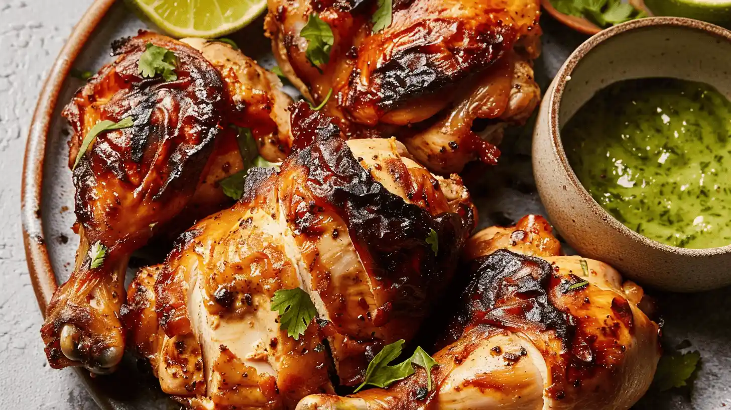Grilled Peruvian chicken with green sauce and lime wedges.