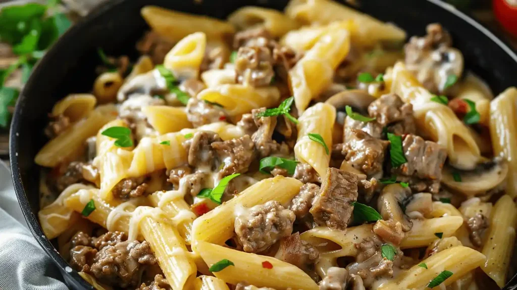 Close-up of Philly cheese steak pasta with beef, cheese sauce, and pasta garnished with parsley.